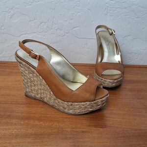 Jessica Simpson Leather wedges tan camel peep toe slingback platform neutral Y2K